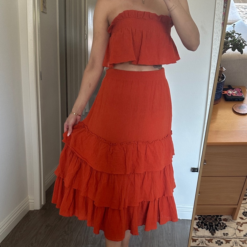 Free People Vibrant orange Tiered Maxi Skirt and tank